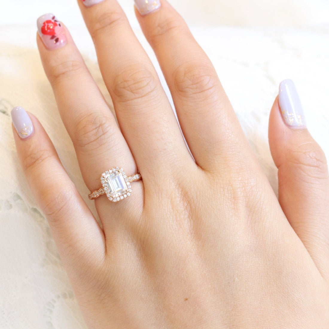 1.60CT Emerald Cut Moissanite Halo Engagement Ring