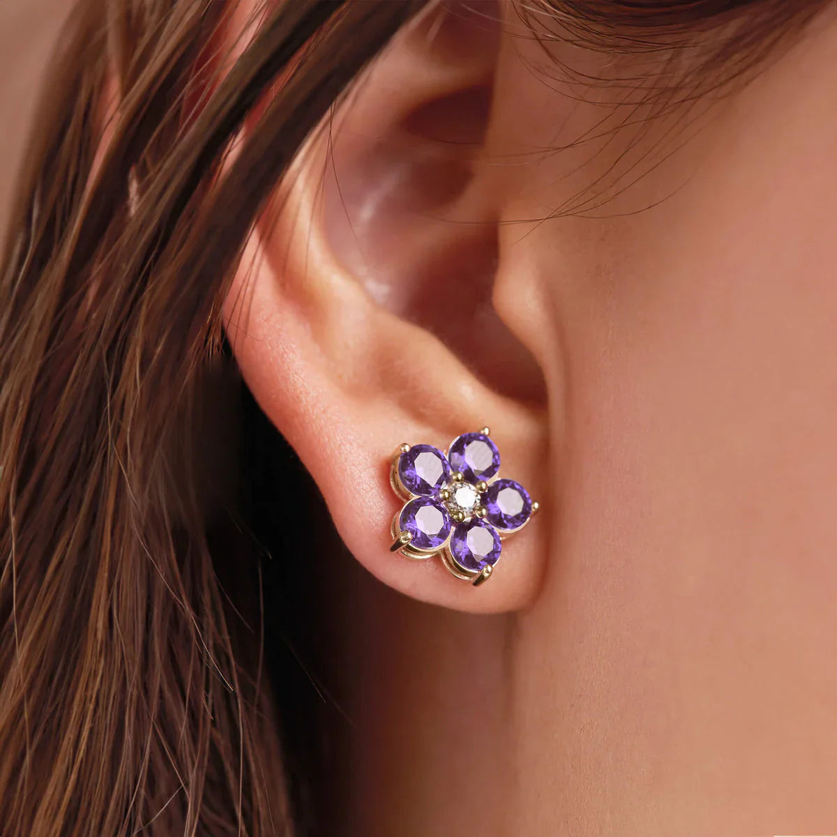 2.0CT Round Amethyst Diamond February Birthstone Flower Studs