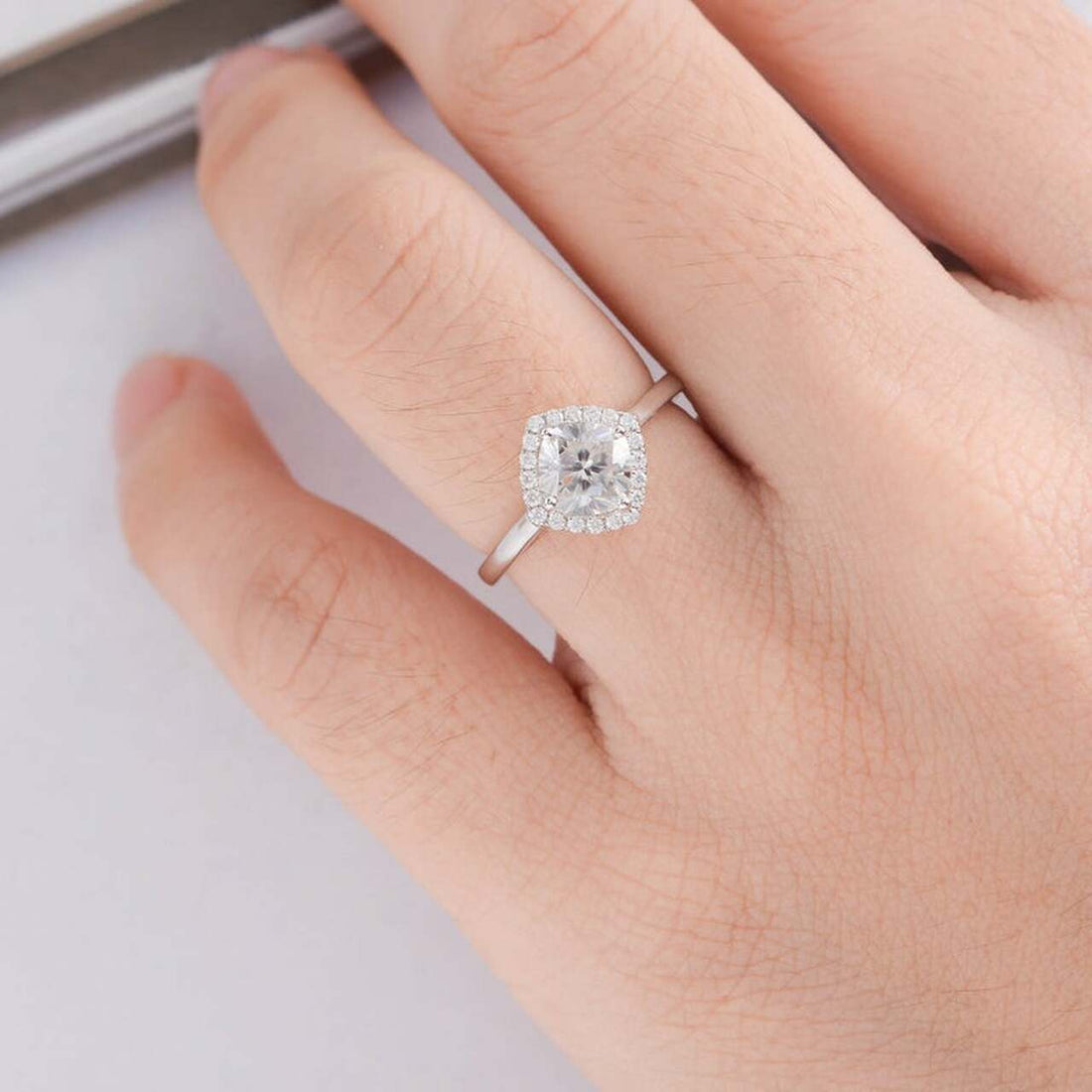 1.0CT Cushion Cut Halo Style Moissanite Diamond Engagement Ring