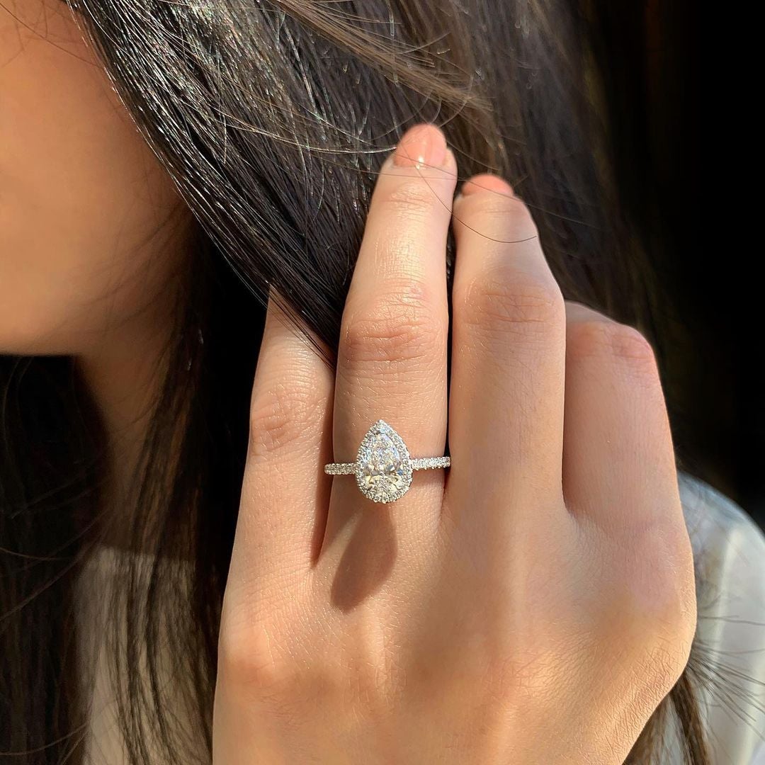 1.50CT Pear Moissanite Halo 3 Prongs Engagement Ring