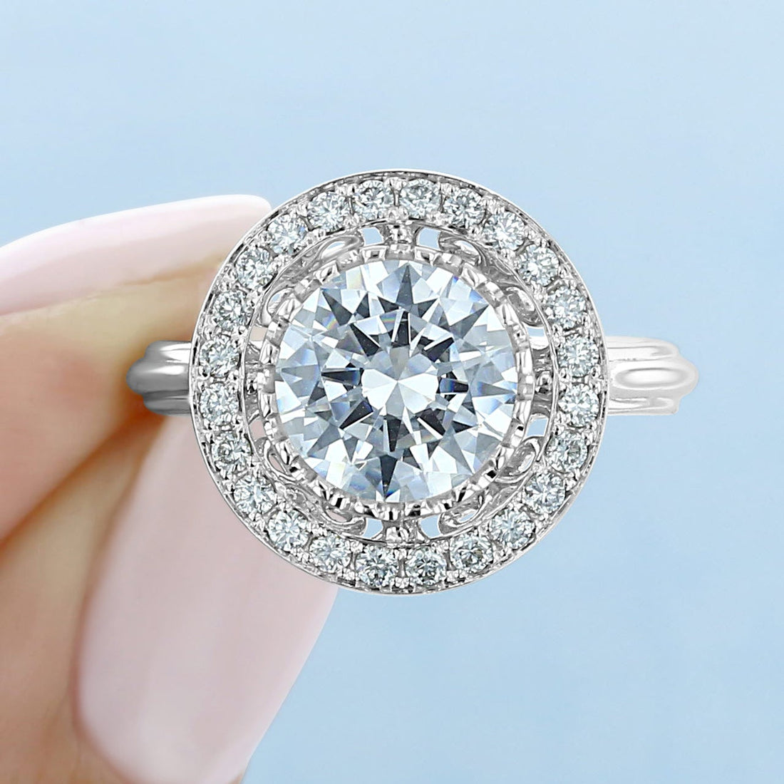 2.0ct Round Cut Moissanite Unique Halo Engagement Ring