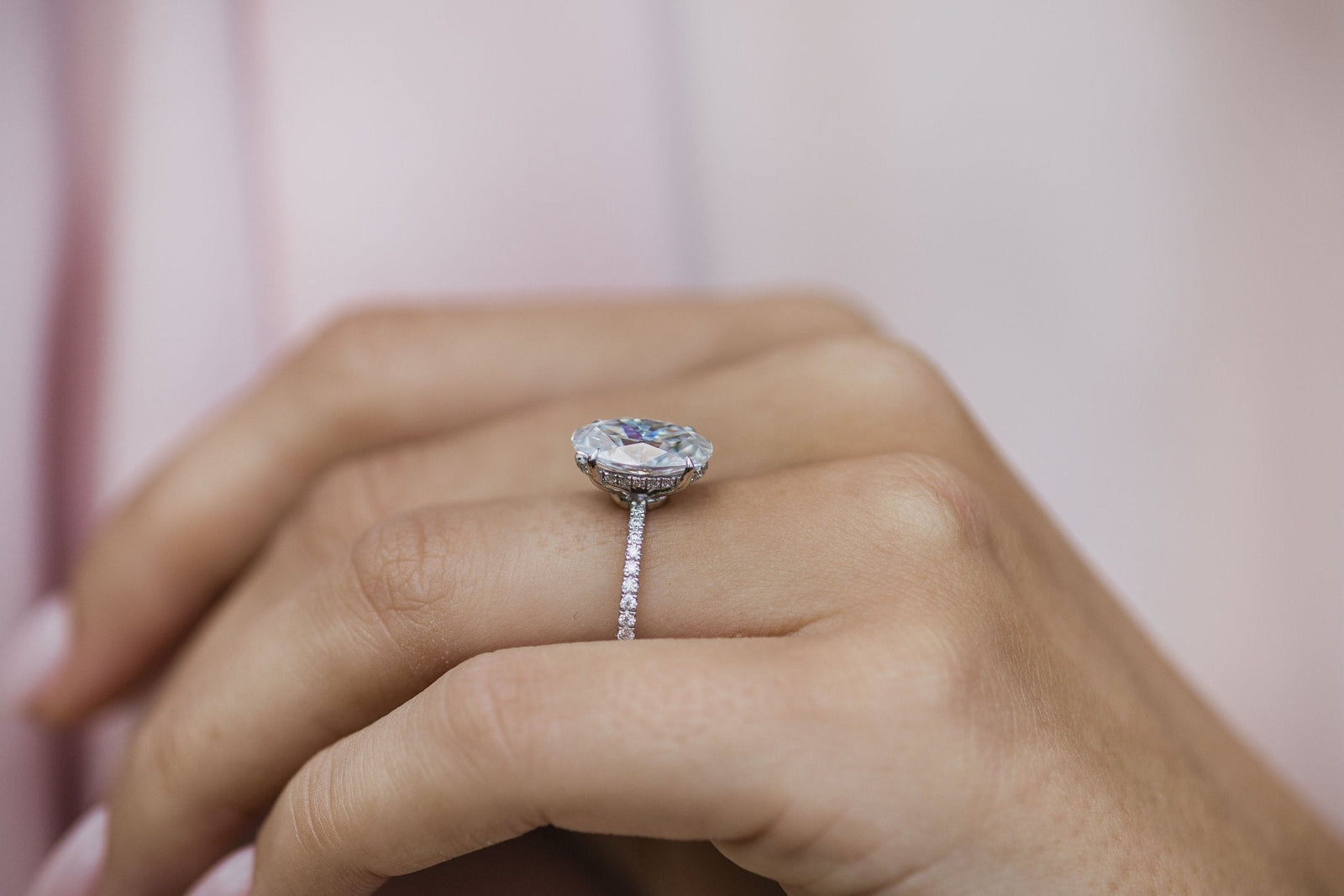4.0CT Crushed Ice Oval Moissanite Hidden Halo Pave Setting Engagement Ring