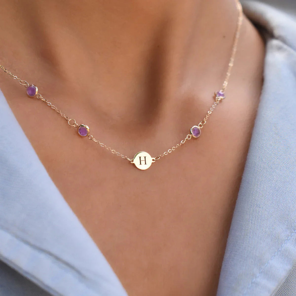 0.60CT Round Amethyst Diamond February Birthstone Latter Necklace