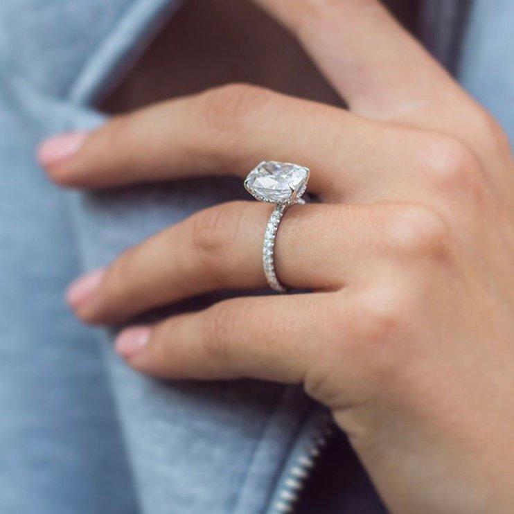 5.0CT Elongated Cushion Moissanite Hidden Halo Pave Setting Diamond Engagement Ring