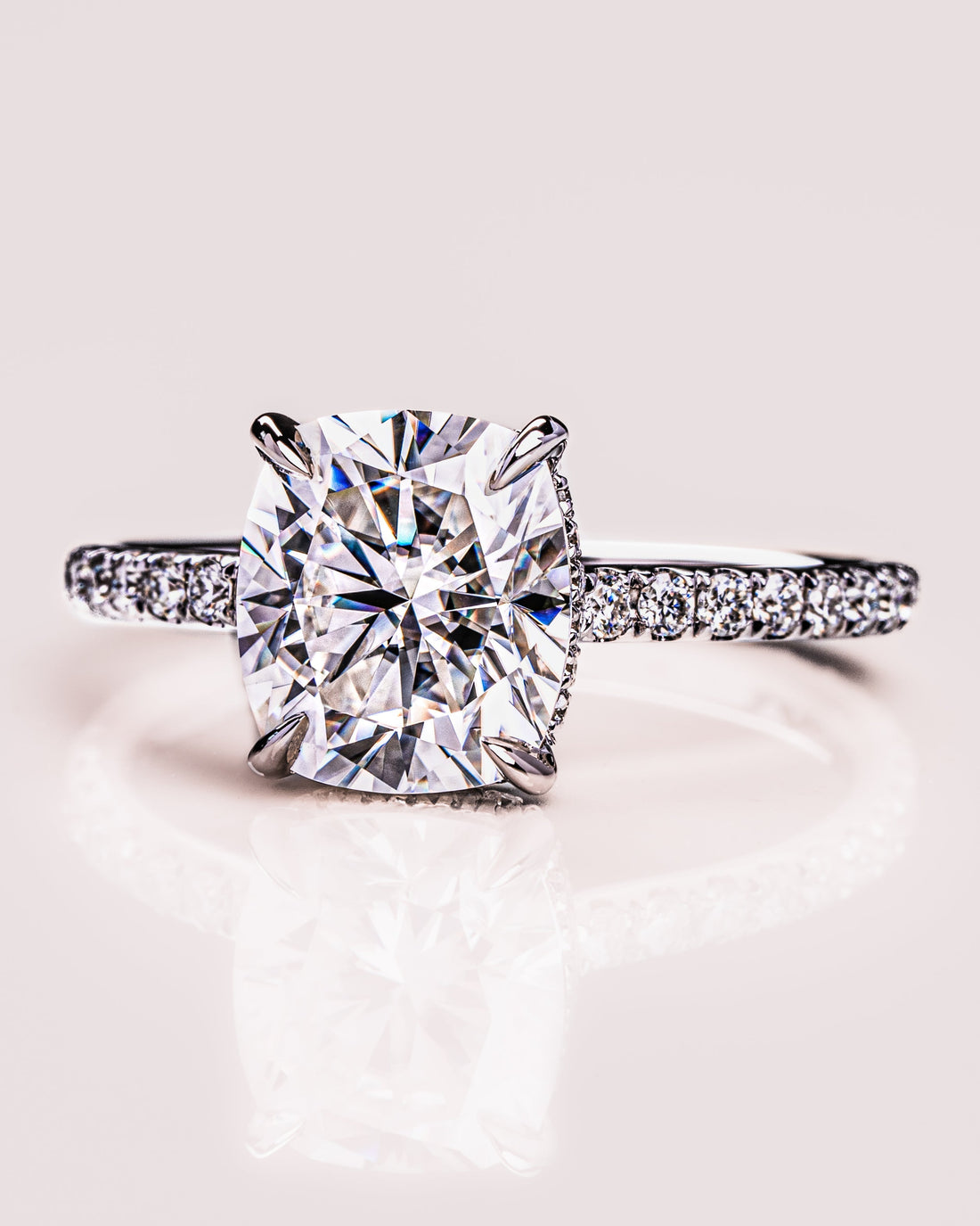 0.96-3.0 CT Cushion  CVD Diamond Hidden Halo Pave Setting Engagement Ring
