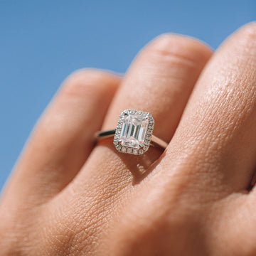 0.95ct Emerald Cut Halo 4 Prongs Moissanite Engagement Ring