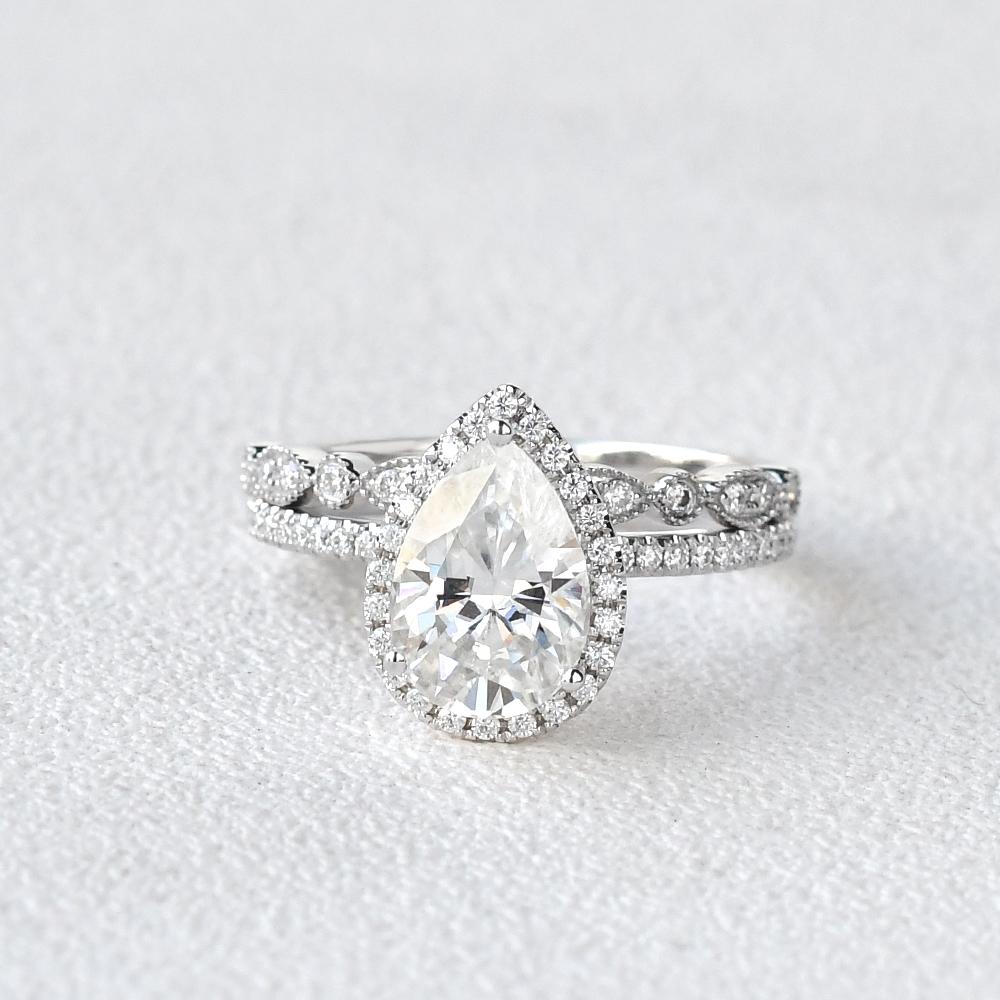 1.80CT Pear Cut Moissanite Halo Bridal Ring Set