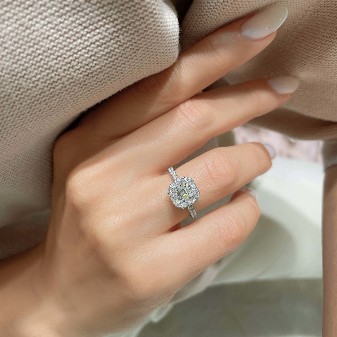 Asscher Halo Moissanite Engagement Ring