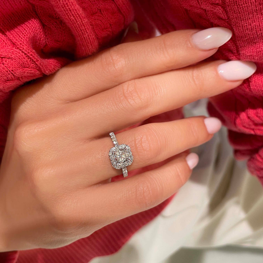 1.55 carat Radiant Halo Moissanite Engagement Ring