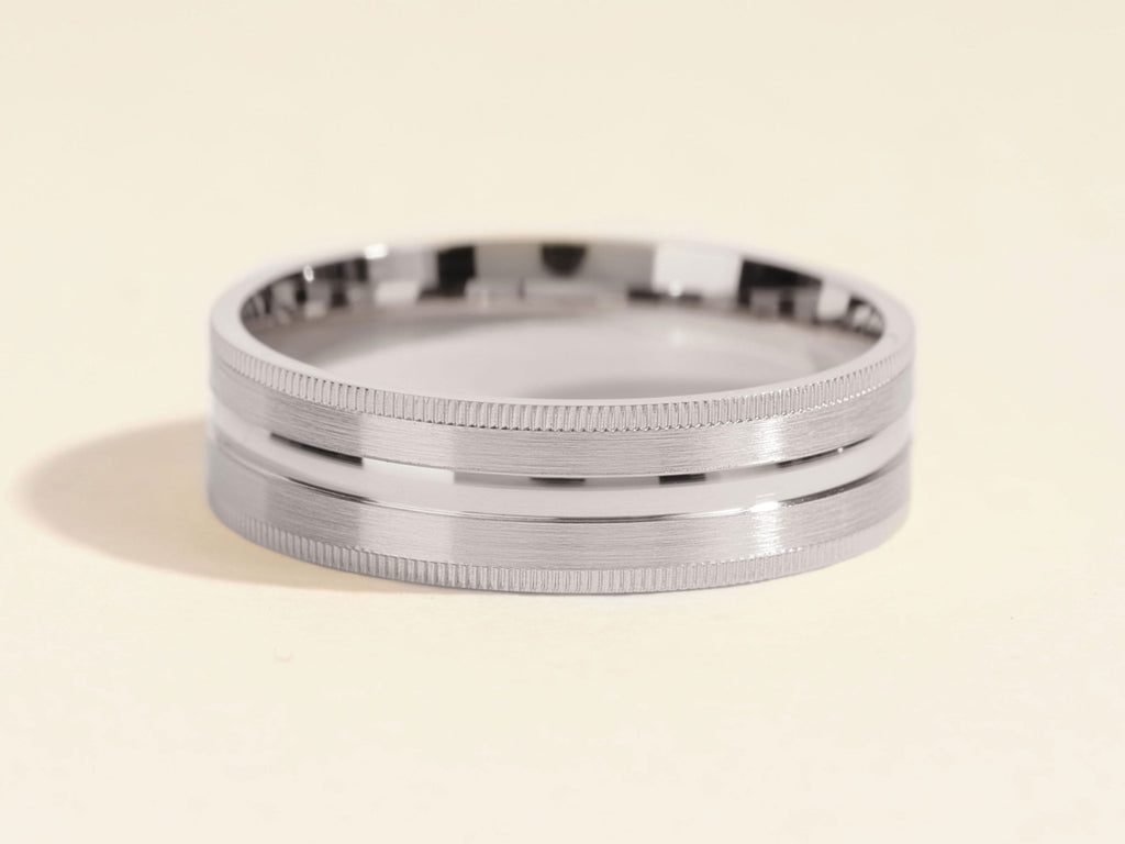 6.0mm Mid-Beveled & Matte Brushed Milgrain Men's Gold Wedding Band