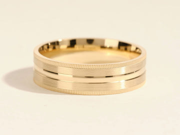 6.0mm Mid-Beveled & Matte Brushed Milgrain Men's Gold Wedding Band