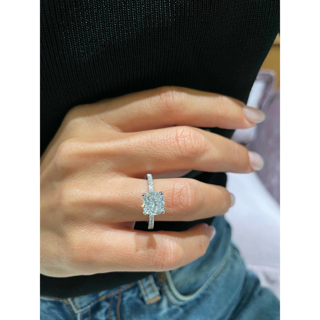 2.45 Carat Square Cushion Pave Moissanite Engagement Ring