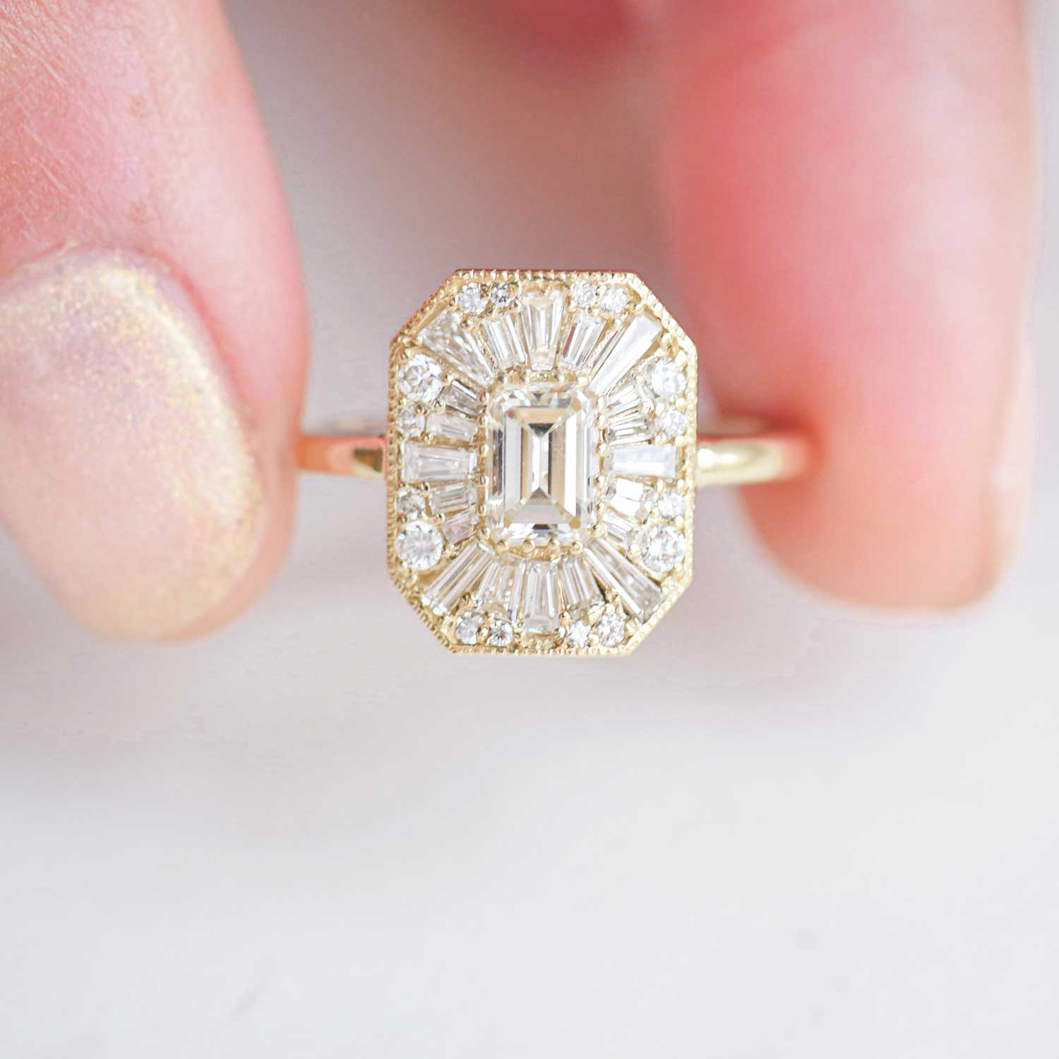 Emerald Cut Moissanite Ballerina Diamond Starburst Halo Engagement Ring