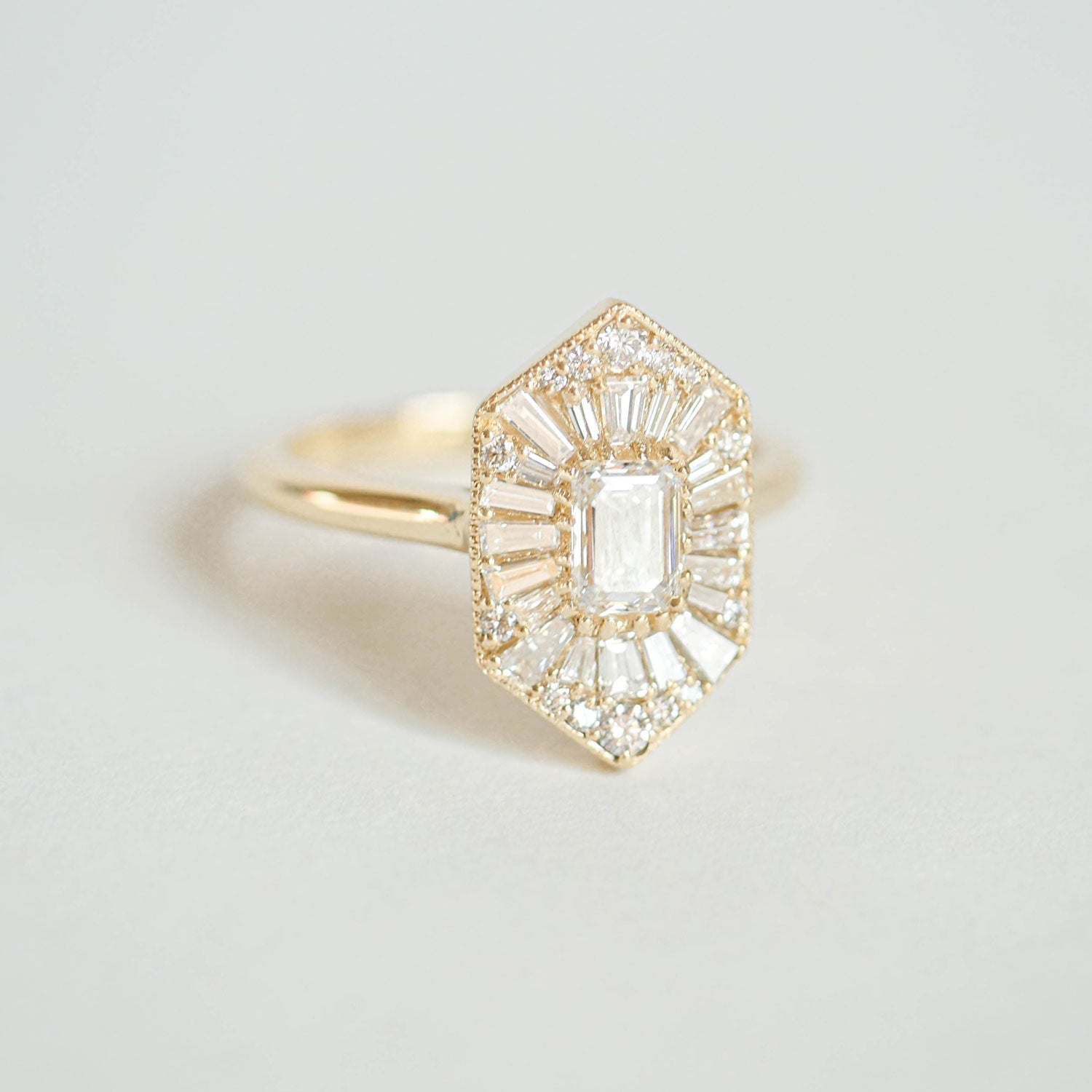 Hexagon Shape 0.70CT Emerald Cut Moissanite Ballerina Diamond Mosaic Ring