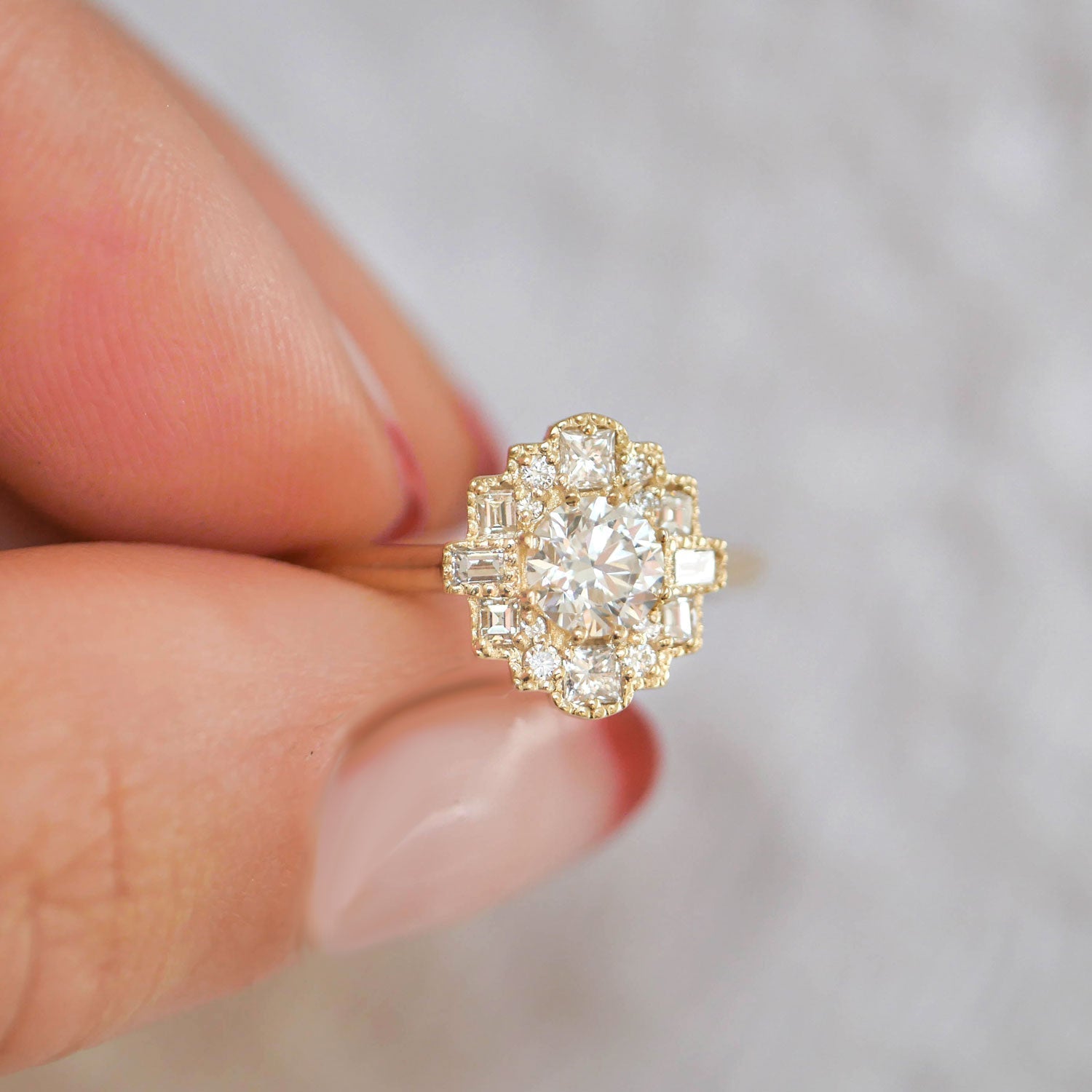 Round Diamond Moissanite Vintage Cluster Engagement Ring
