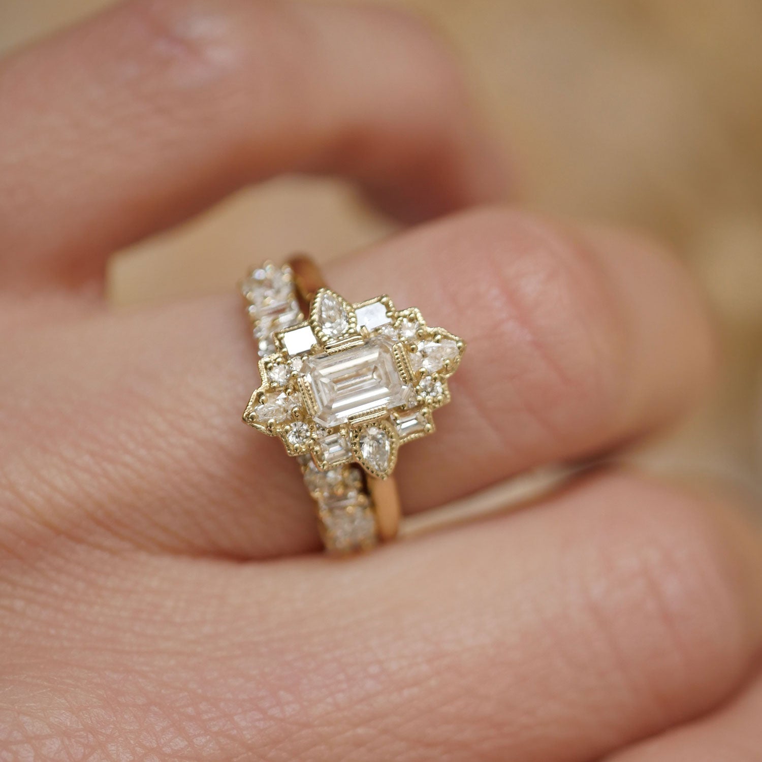 Art Deco Emerald Cut Moissanite Milgrain Setting Cluster Engagement Ring