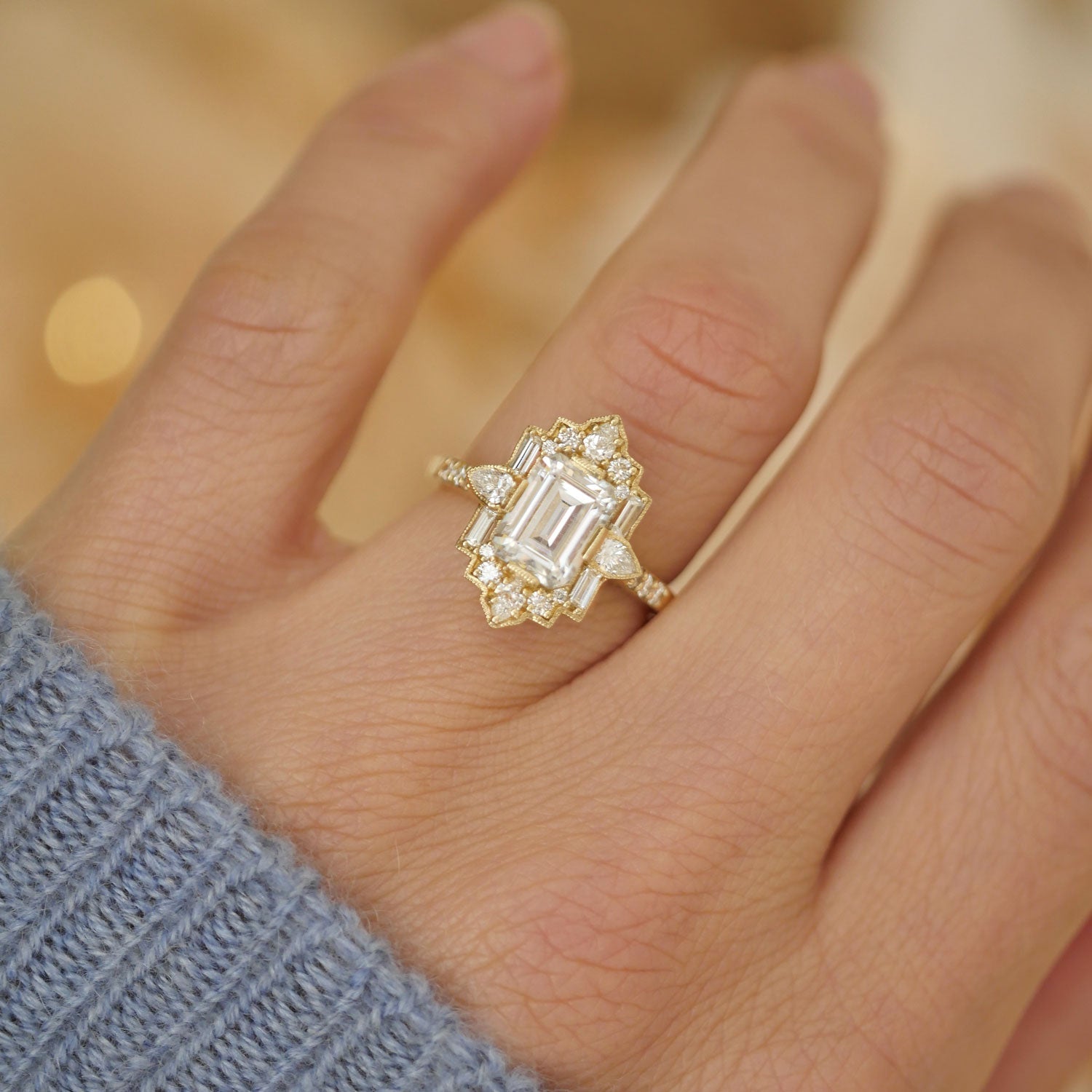 1.75CT Art Deco Emerald Cut Moissanite Vintage Style Halo Engagement Ring