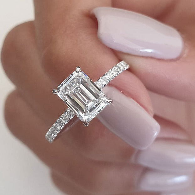 1.25 - 3.25 CT Emerald Cut Moissanite Diamond Hidden Halo Engagement Ring