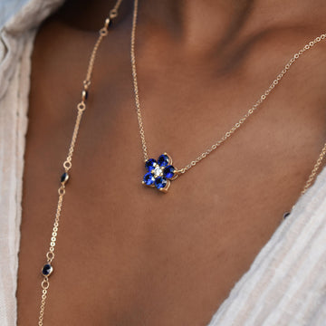 1.46CT Baguette Sapphire Diamond September Birthstone Flower Necklace