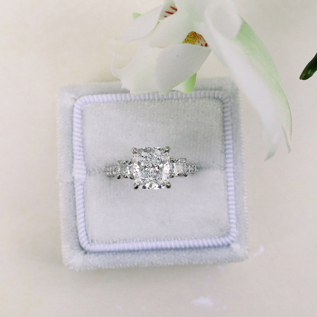 2.50CT Cushion Moissanite 3 Stones Pave Setting Engagement Ring