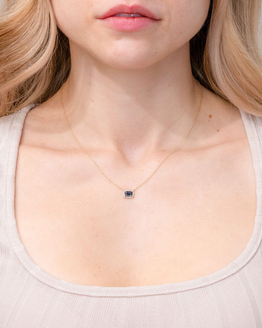 Diamond Halo Blue Sapphire Necklace