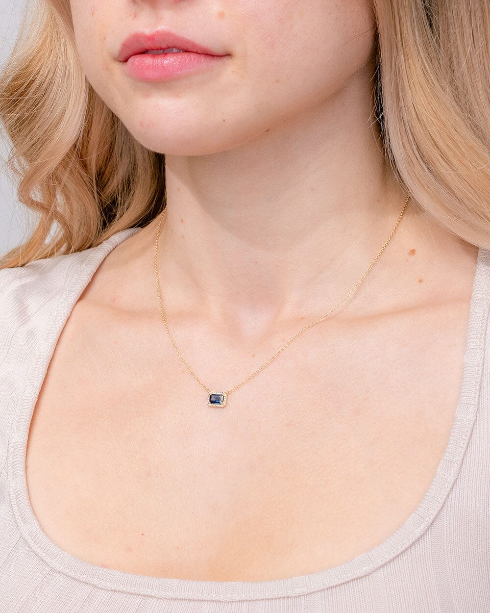 Diamond Halo Blue Sapphire Necklace