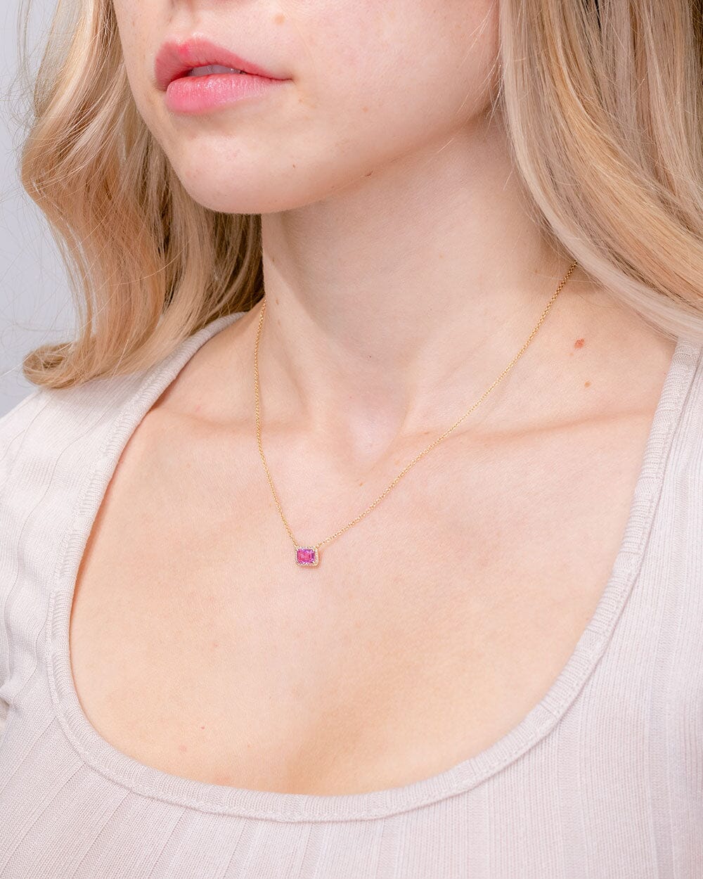 Diamond Halo Pink Sapphire Necklace