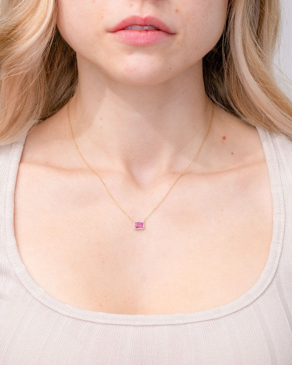 Diamond Halo Pink Sapphire Necklace