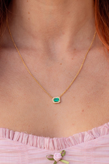 Emerald Diamond Halo Necklace