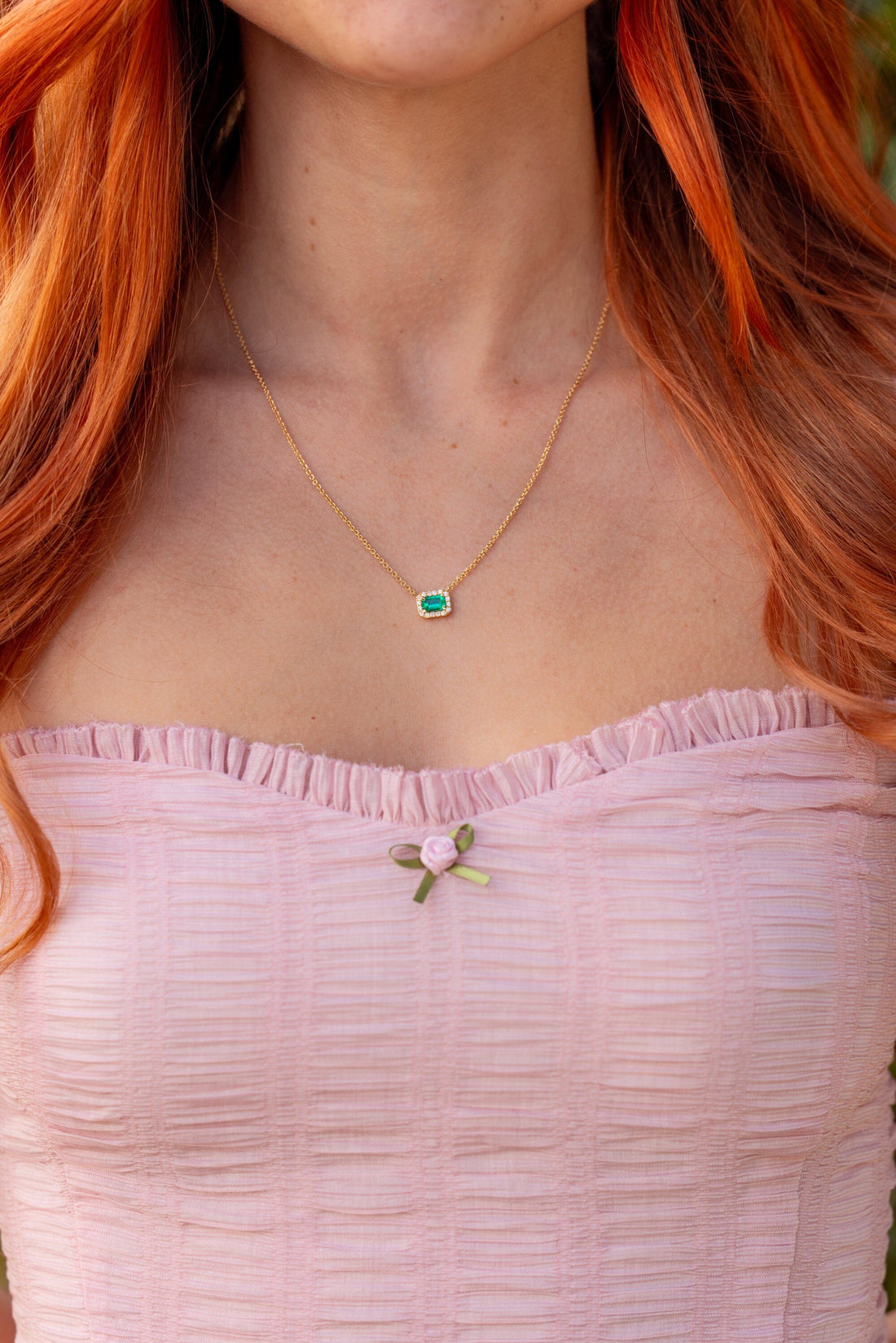 Emerald Diamond Halo Necklace