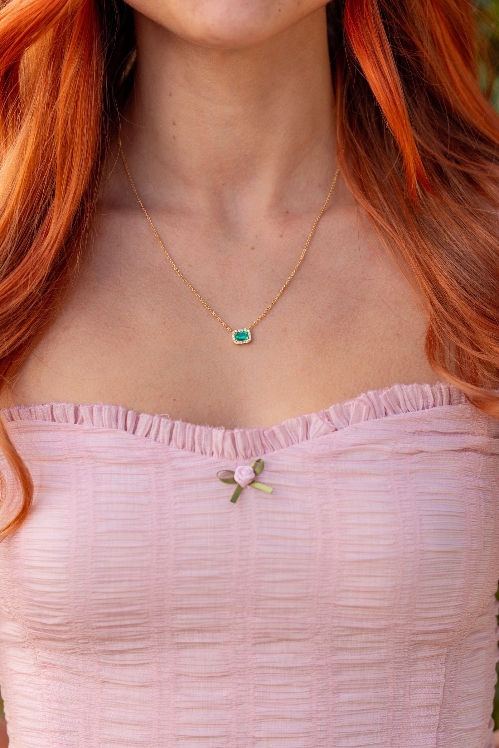Emerald Diamond Halo Necklace