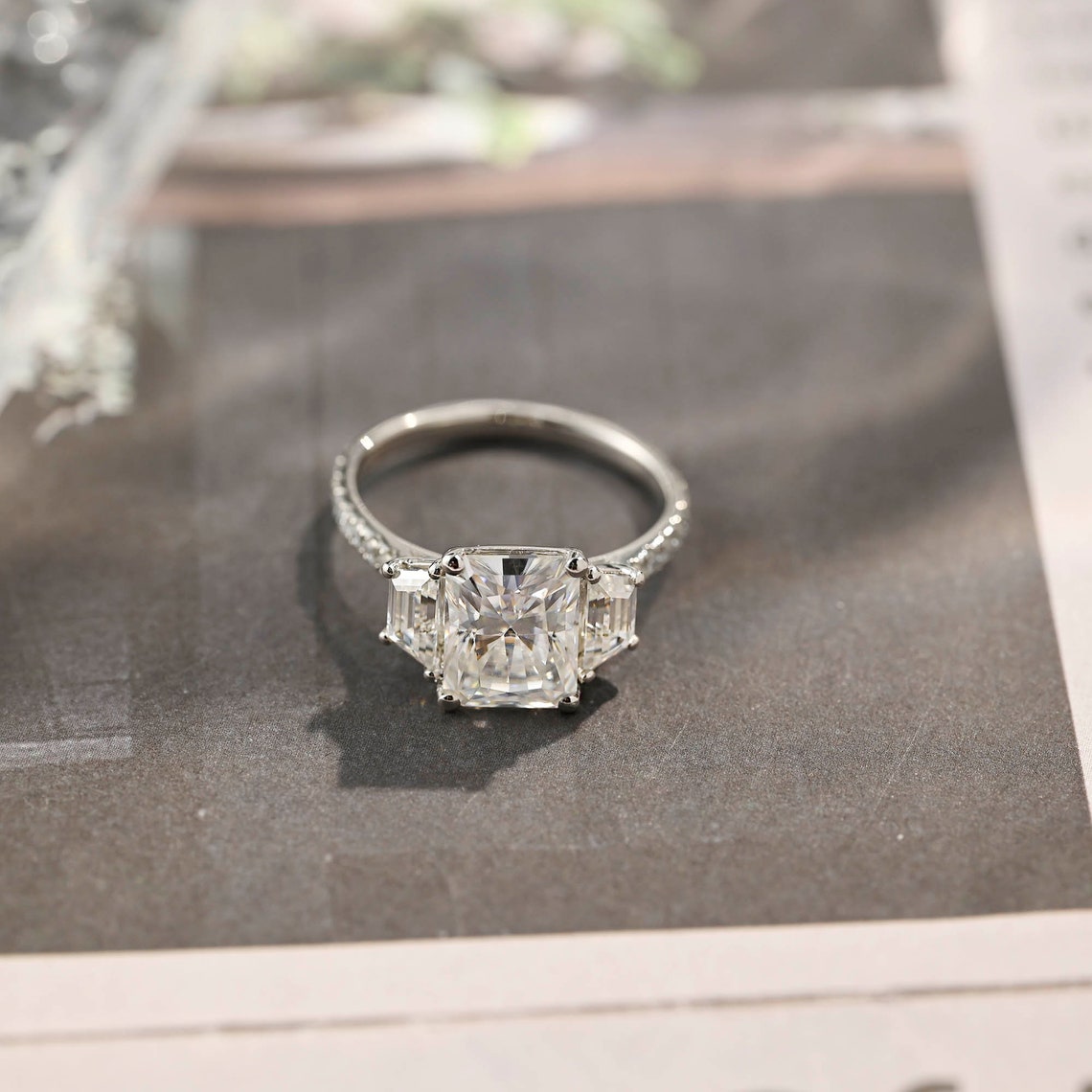 2.0-4.0 CT Radiant G/VS2 CVD Diamond Three Stone Style Engagement Ring