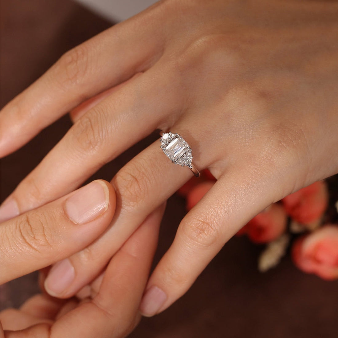 1.0-3.0 CT Emerald Cut  CVD Diamond Cluster solitaire Setting Engagement Ring