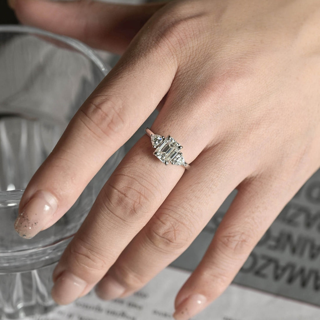 1.0-3.0 CT Emerald  CVD Diamond Three Stone Style Engagement Ring