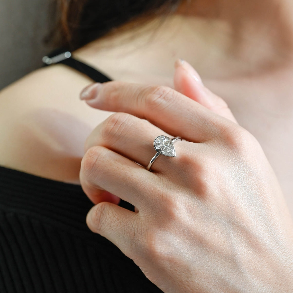 1.0 - 3.0 CT Pear CVD Diamond Bezel Setting Engagement Ring