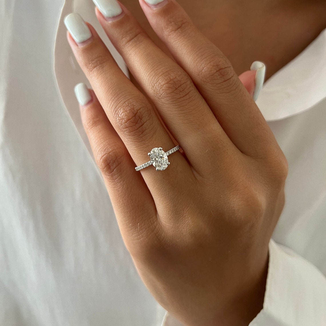 1.0-3.0 CT Oval CVD Diamond Pave Setting  Engagement Ring