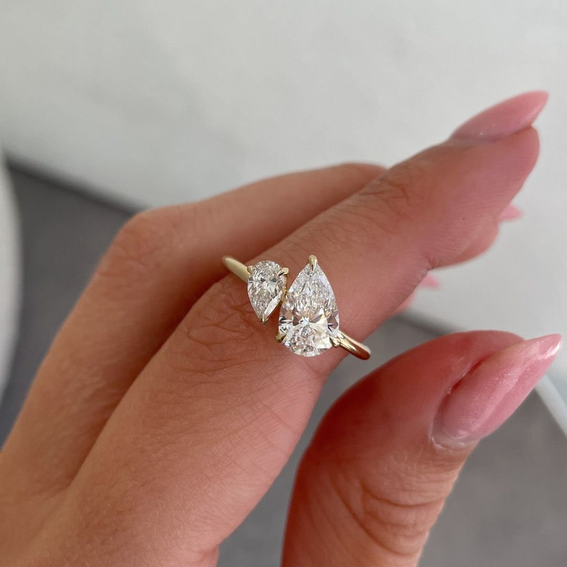 1.80 TCW Pear E/VVS2 CVD Diamond Two Stones Engagement Ring