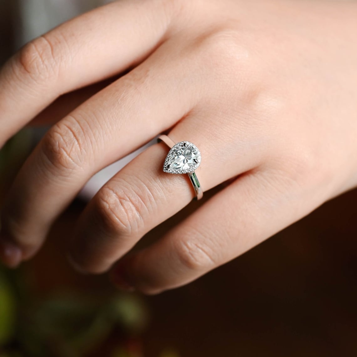 1.25 CT Pear Cut CVD Diamond Halo Solitaire Engagement Ring