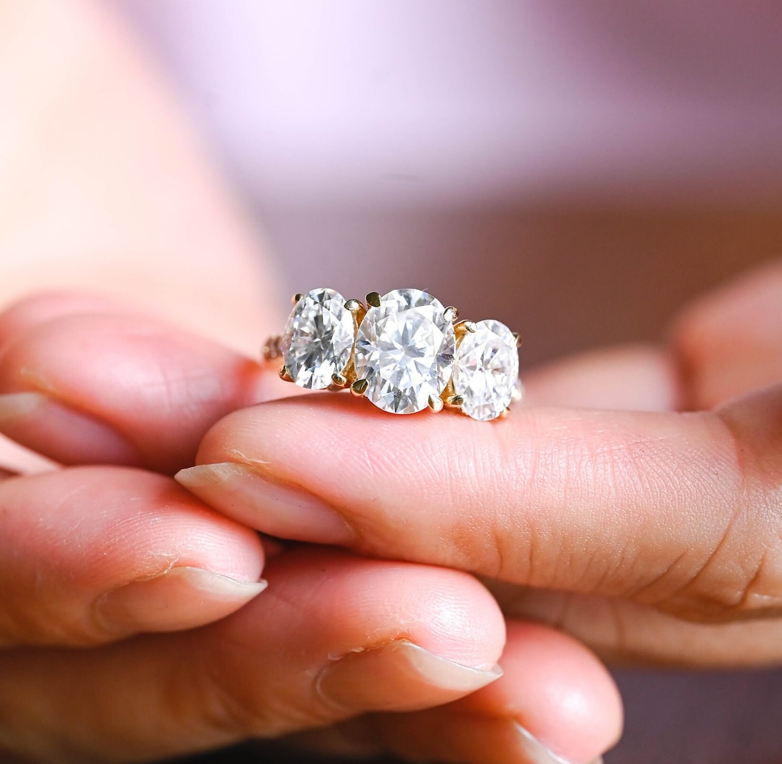 1.0 - 3.0 CT Oval F/VS1 CVD Diamond Three Stone Style Engagement Ring