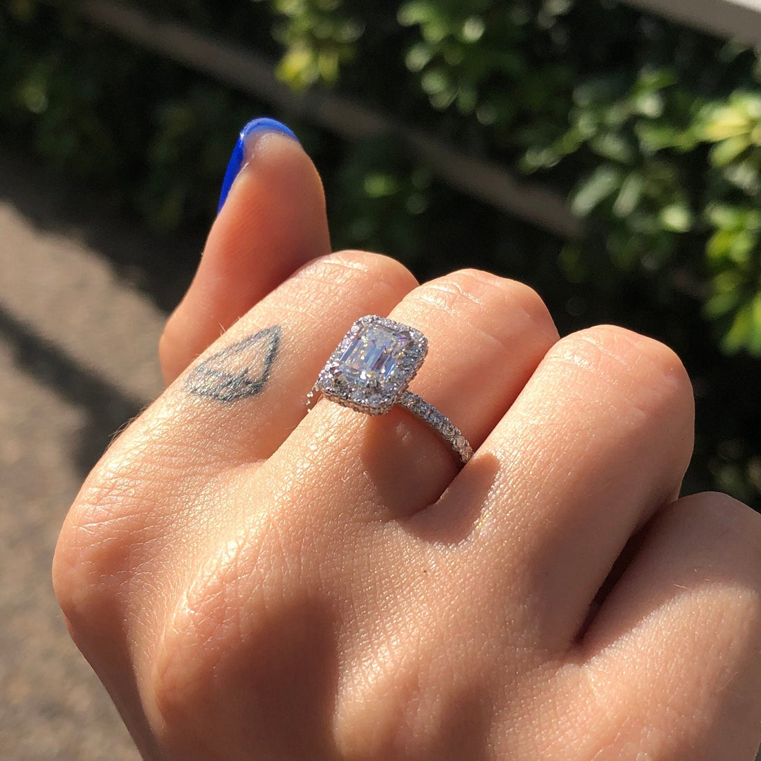 1.0CT Emerald Cut Unique Halo Moissanite Engagement Ring