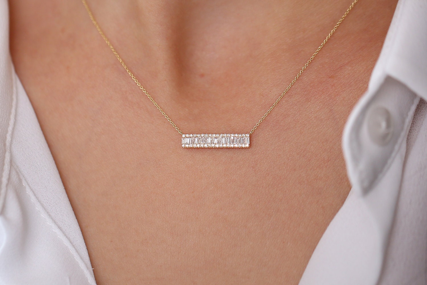 Bar Baguette Diamond Pendant Necklace for Christmas Gift