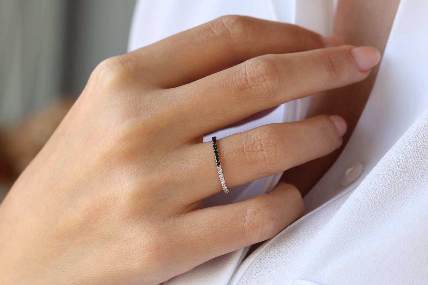 Round Cut Half Black Half White Diamond Full Eternity Band for Her