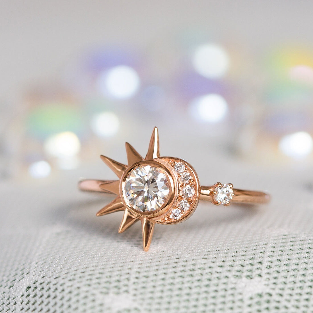 Round Moissanite Diamond  Sun & Crescent Moon Engagement Ring In Solid Gold