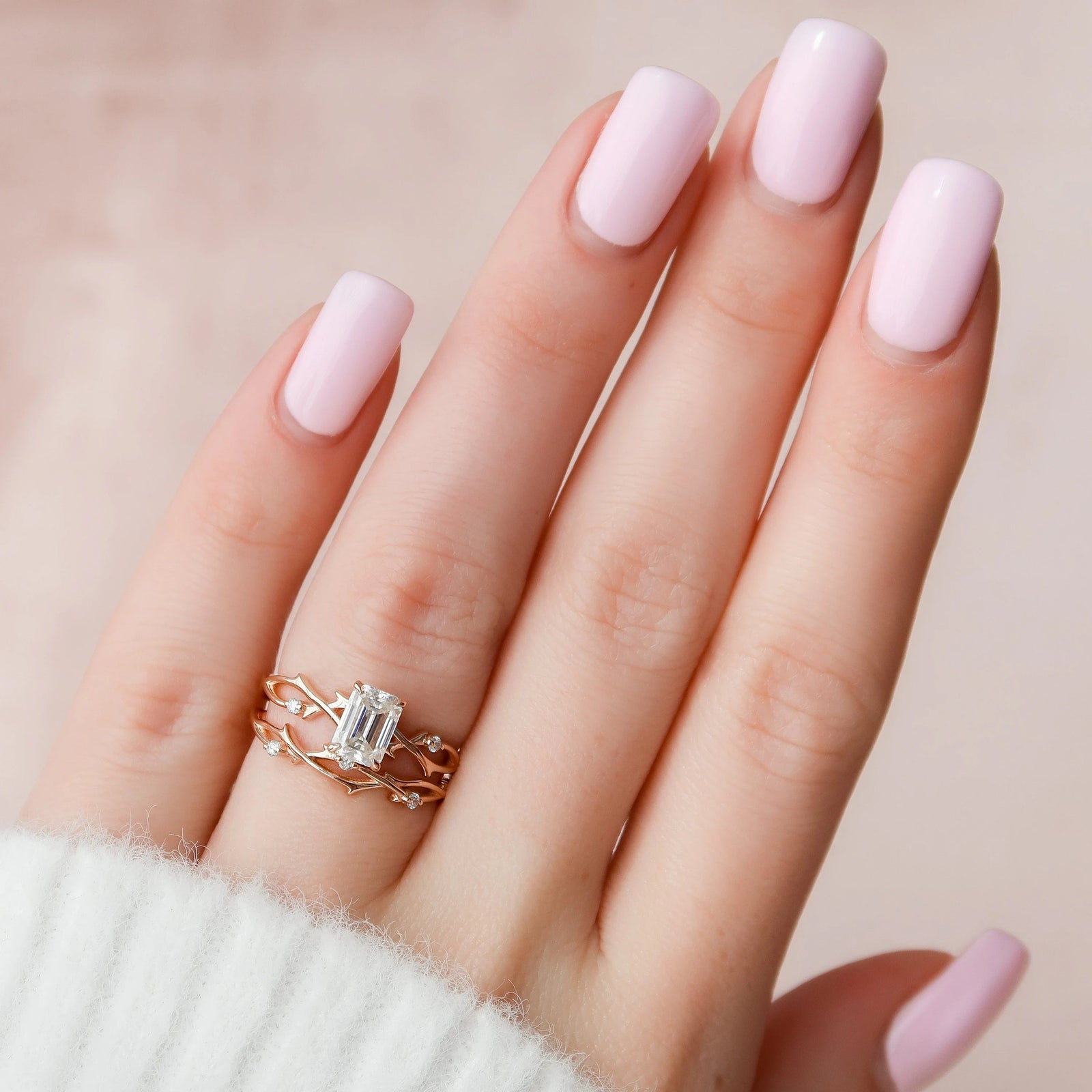 1.0CT Emerald Cut Moissanite Twig Style Bridal Ring Set