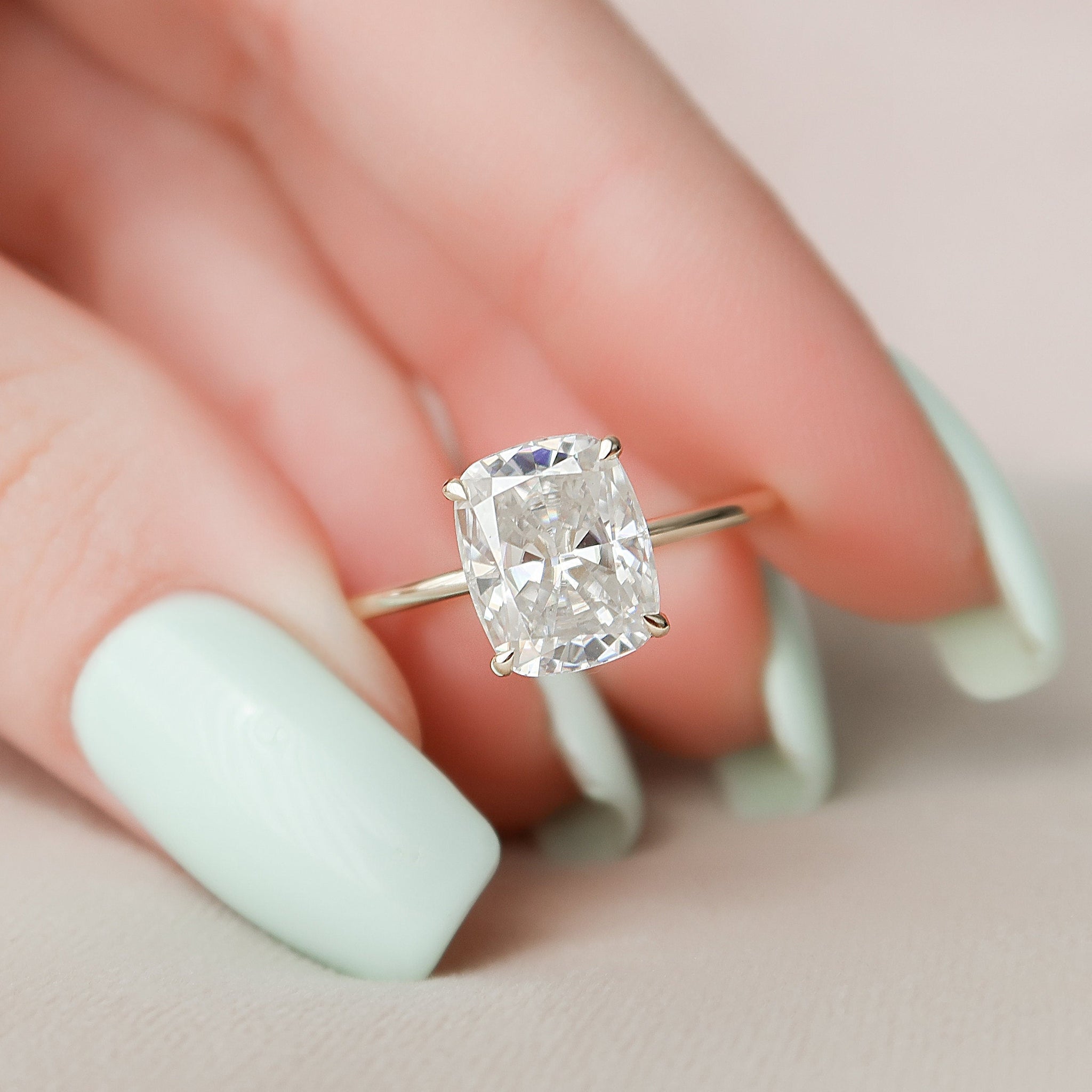 4.0CT Elongated Cushion Moissanite Solitaire Hidden Halo Setting Engagement Ring