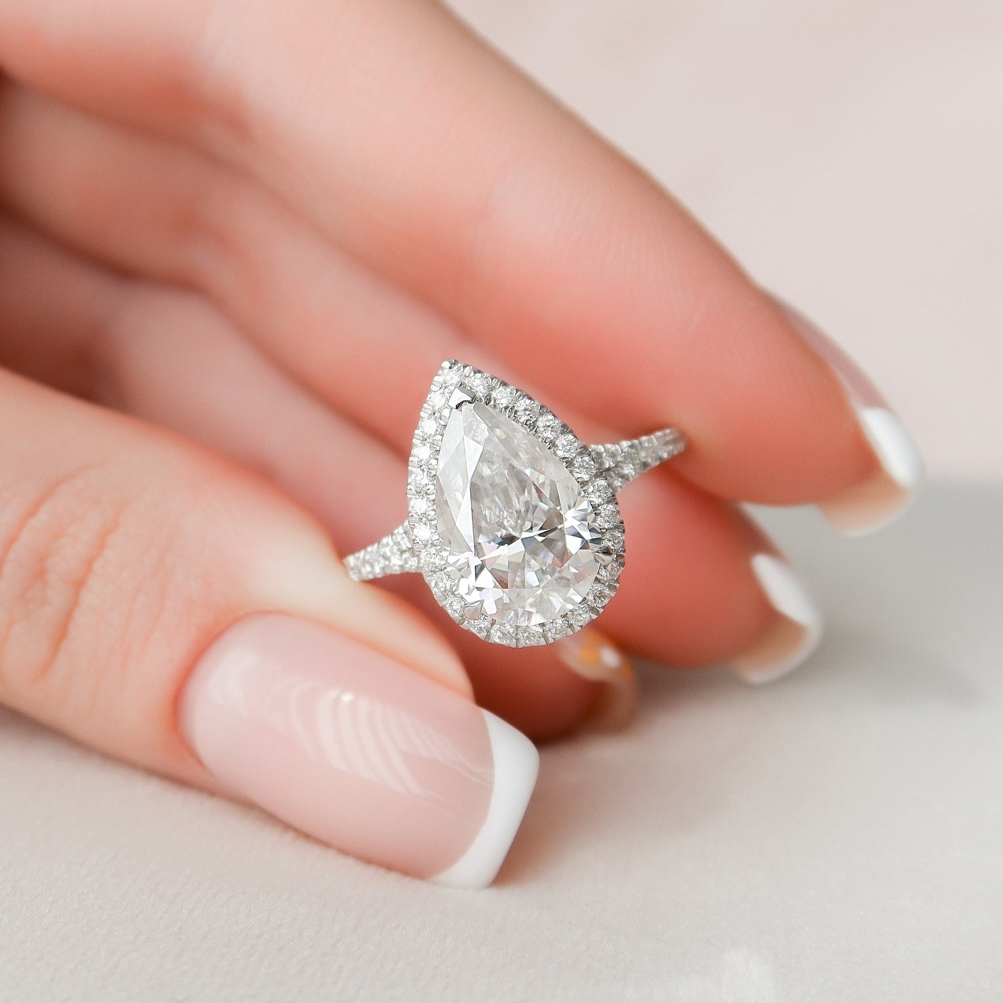 3.0CT Pear Moissanite Halo Split Shank Style Engagement Ring