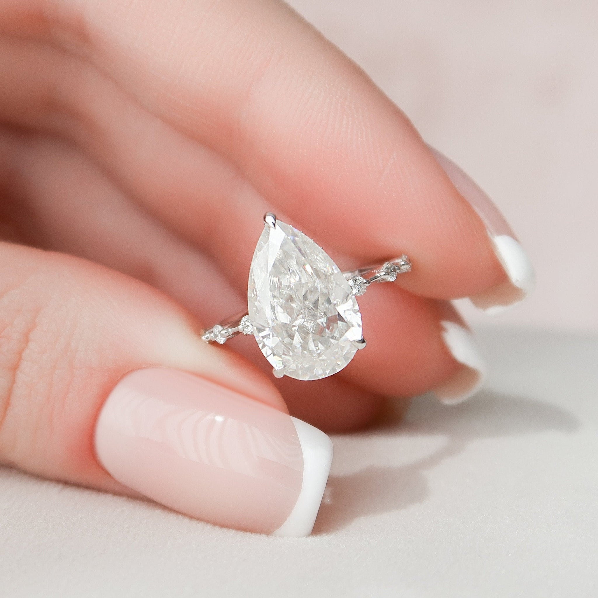 3.50CT Pear Moissanite Solitaire Hidden Halo Dainty Style Engagement Ring