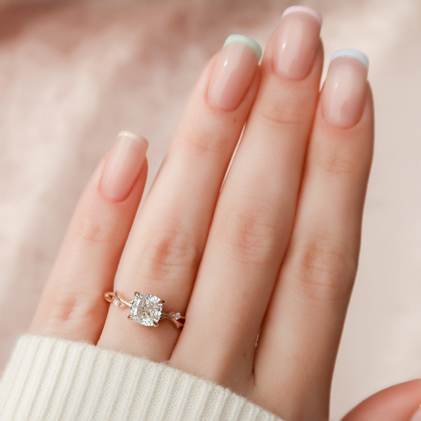 1.53 CT Cushion Cut Twig Style Moissanite Diamond Engagement Ring