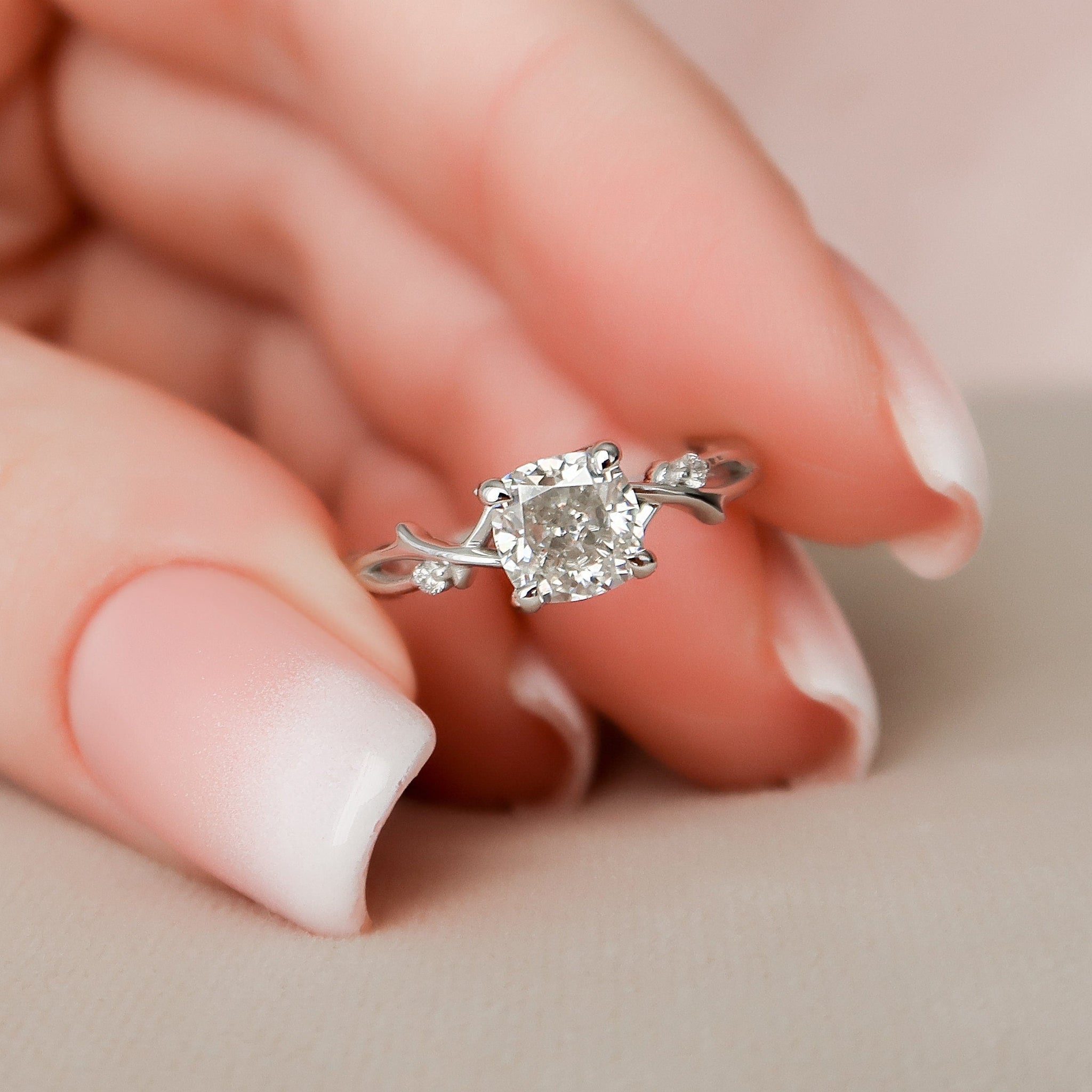 1.0CT Cushion Cut Twig Style Moissanite Engagement Ring