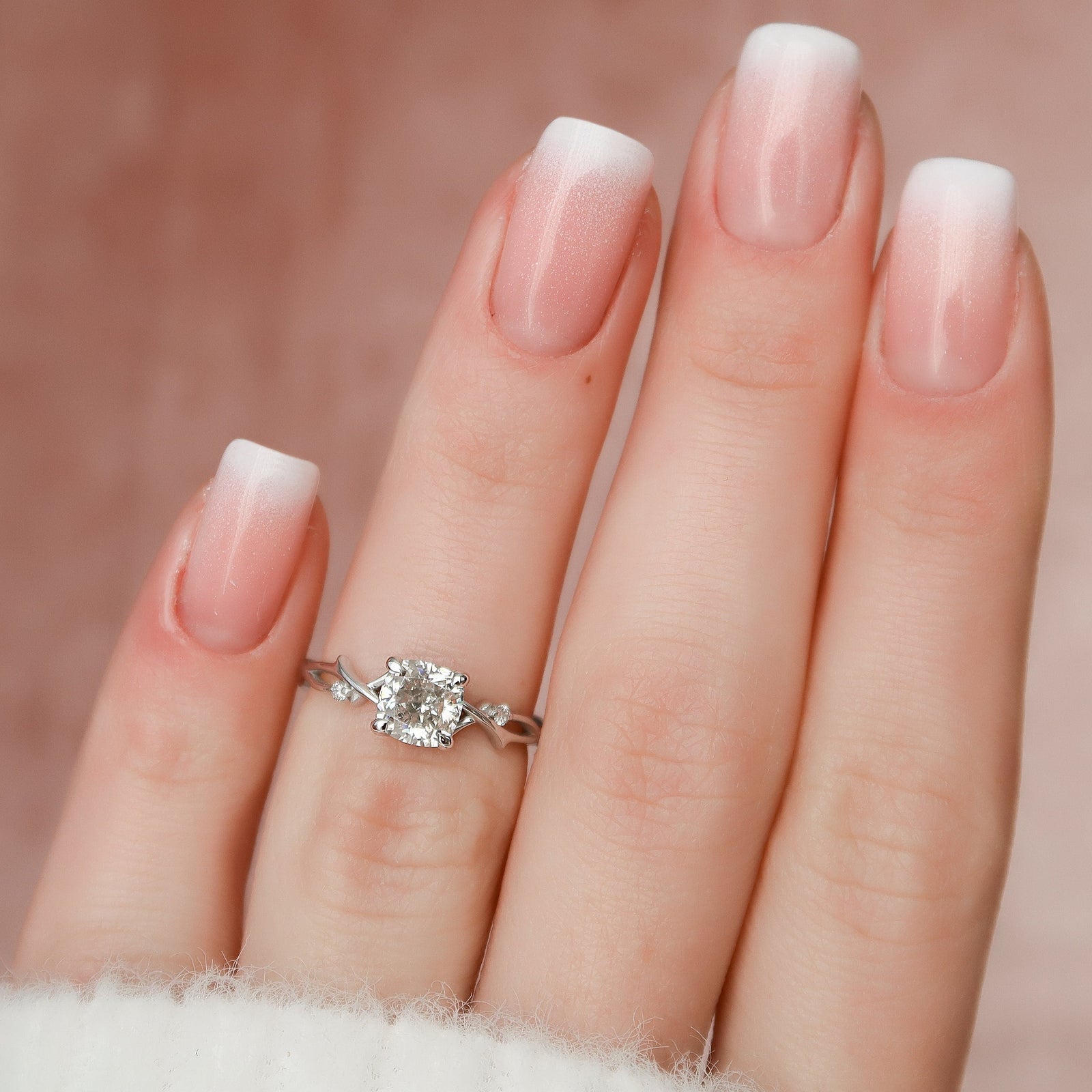 1.0CT Cushion Cut Twig Style Moissanite Engagement Ring